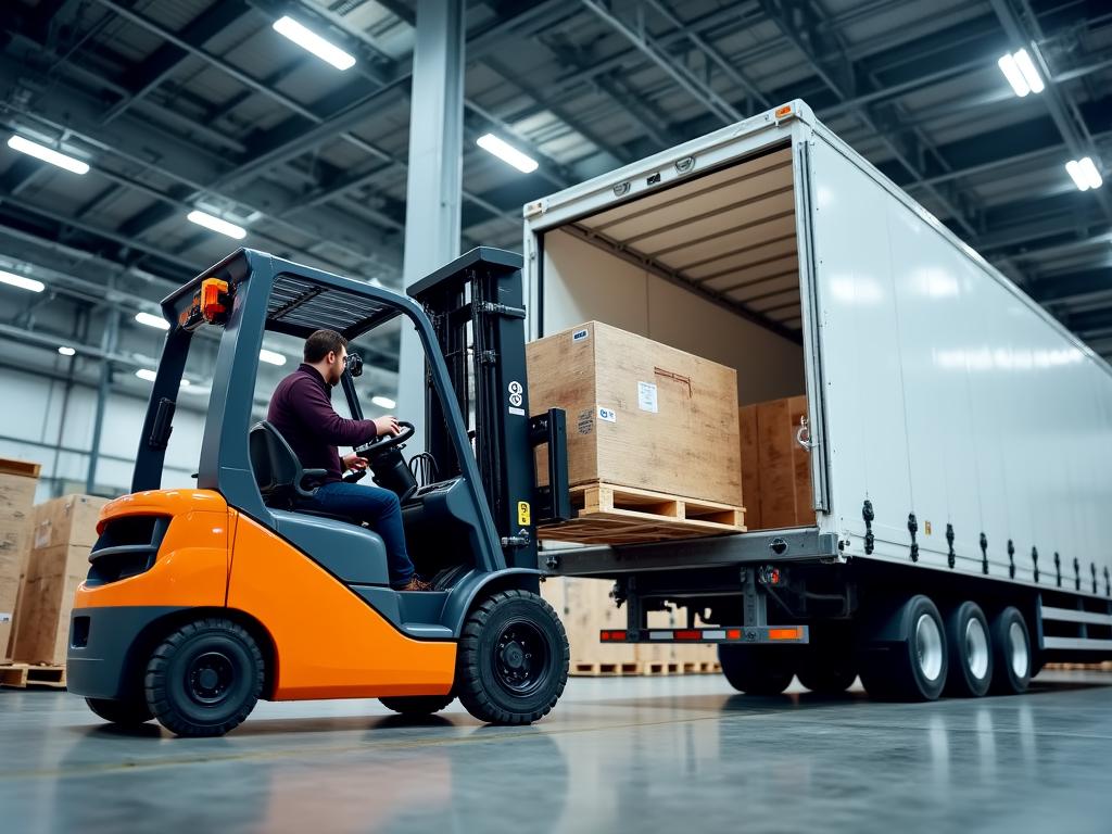 Modern forklift loading freight onto a branded truck