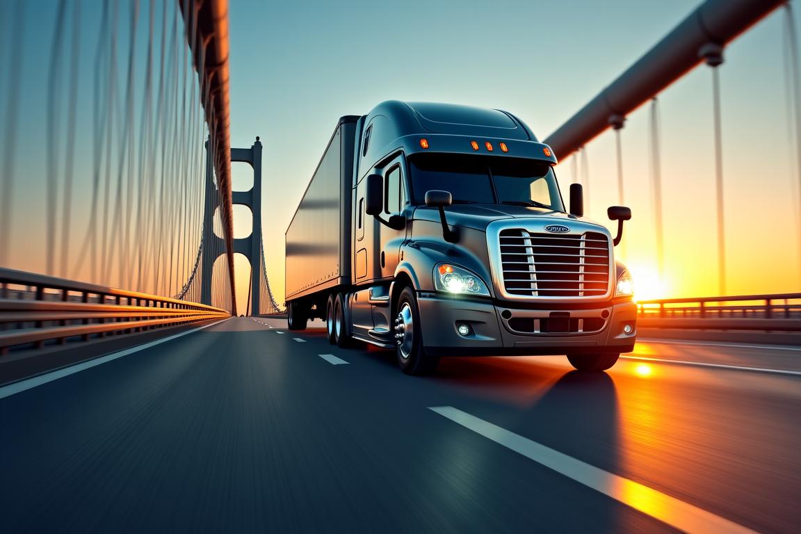 Commercial logistics truck on a modern highway at sunset
